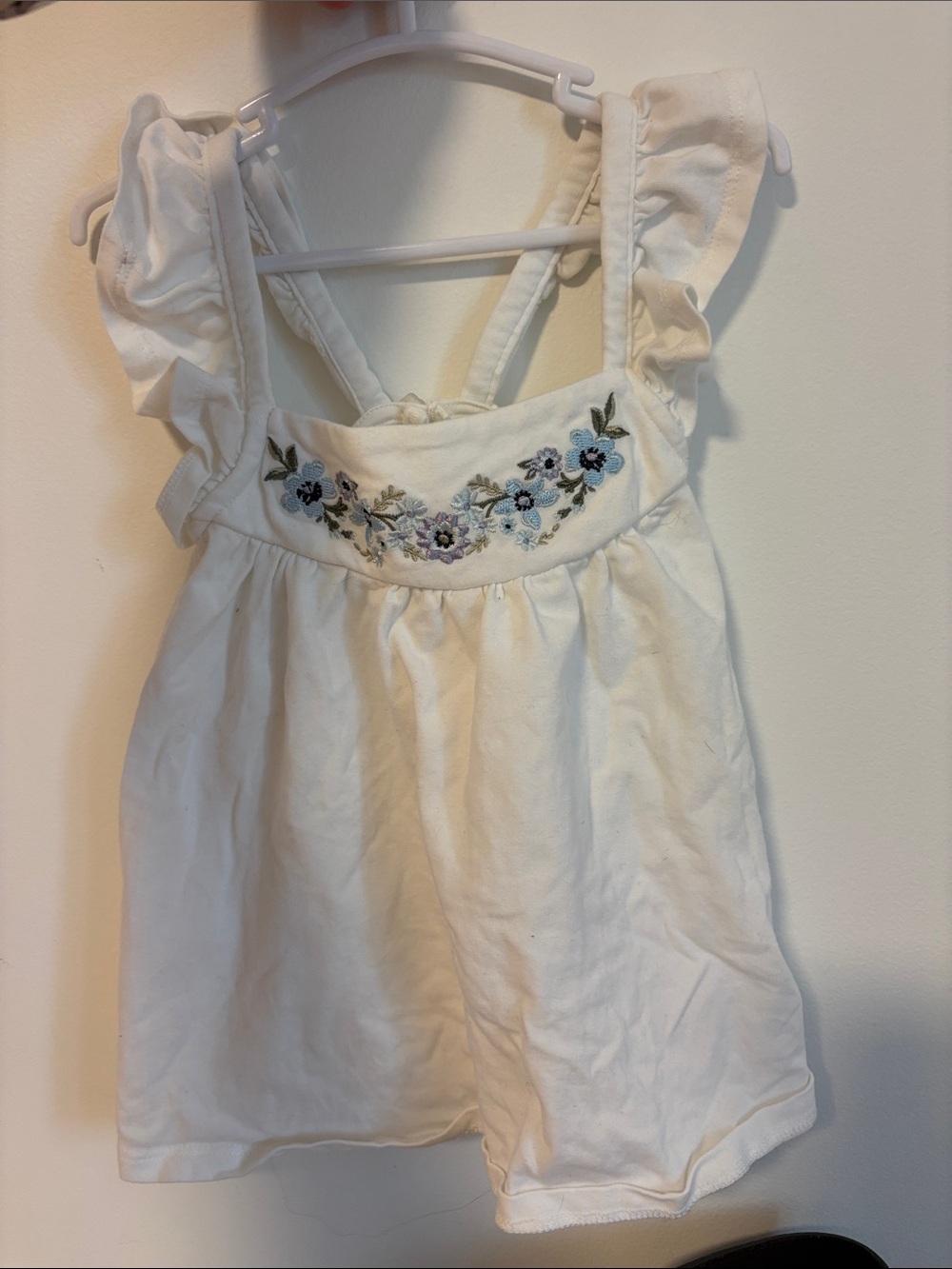 Max Studio White Tank Top with Blue Floral Embroidery